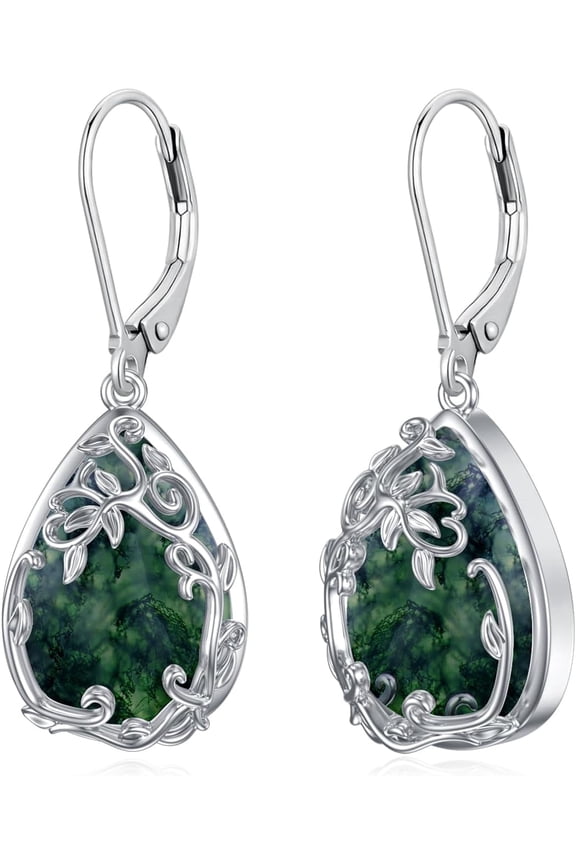 Moss Agate Teardrop Earrings 925 Sterling Silver Filigree Teardrop Gemstone Dangle Earrings Fine Jewelry Gifts for Women Wife Mom
