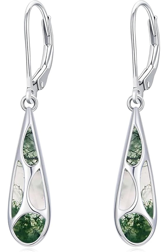 Moss Agate Teardrop Earrings for Women 925 Sterling Silver Gemstones Dangle Leverback Earring Jewelry Birthday Gifts for Women Her