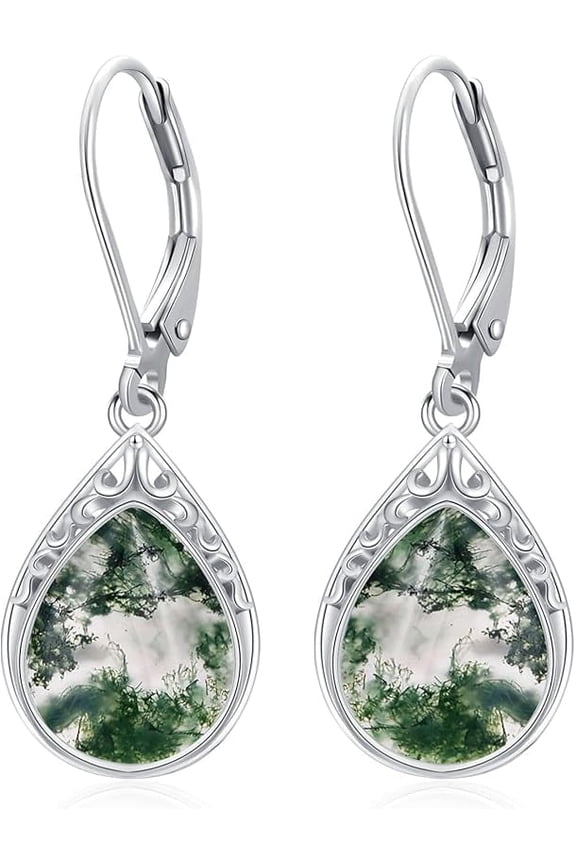 Moss Agate Teardrop Earrings for Women Celtic Filigree Drop Earrings Sterling Silver Leverback Jewelry Birthday Valentines Mothers Day for Women