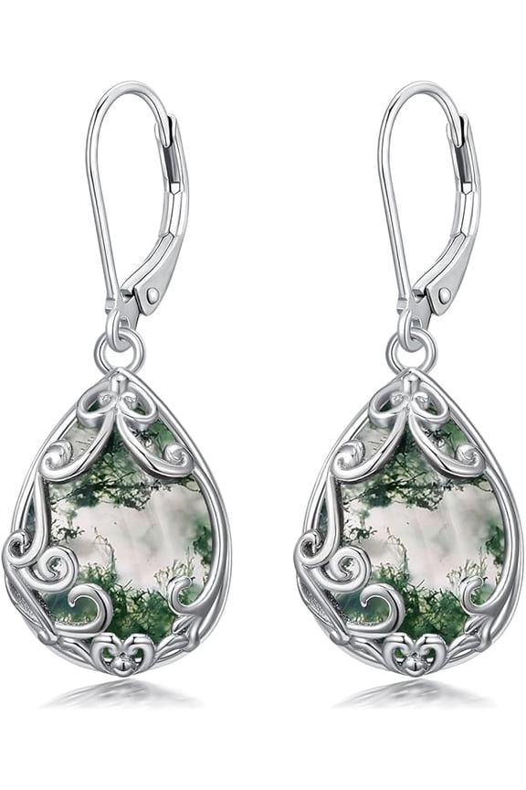 Moss Agate Teardrop Earrings for Women Celtic Filigree Drop Earrings Sterling Silver Leverback Jewelry Gifts for Women Mom