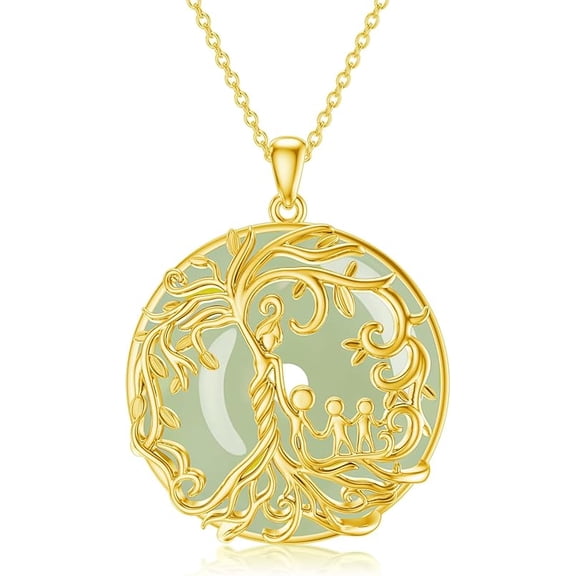 JKR Mother's Day Gifts for Women Tree of Life Necklace 14k Gold Plated Sterling Silver Round Jade Jewelry for Women Mom Mother Sister Birthday Gifts