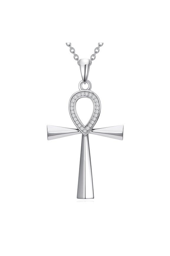 Diamond Ankh Necklace for Women, 925 Sterling Silver Faith Cross Pendant Religious Jewelry Valentines Day Gifts for Her Wife Mom Girlfriend 20 Inches