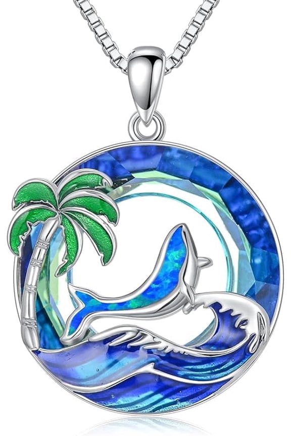 Ocean Jewelry Sterling Silver Blue Opal Crystal Pendant Wave Palm Tree Necklace for Women Summer Beach Necklace Anniversary Birthday Gifts for Her Girlfriend Sister