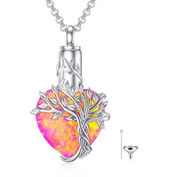 JKR Purple Opal Tree of Life Urn Necklace for Ashes 925 Sterling Silver Purple Opal Heart Cremation Necklace with Funnel Filler Memorial Mothers Day Gifts for Women Mom Sister Friend