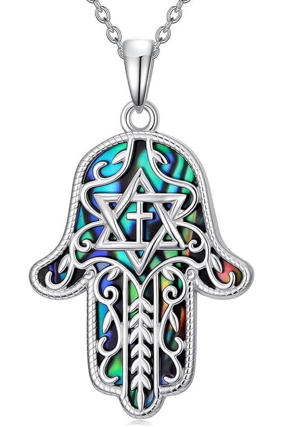 Star of David Hamsa Hand Necklace Evil Eye/Star of David/Cross/Lotus/Witch Knot/Key of Abalone Shell Necklace 925 Sterling Silver Religious Hand of Fatima Jewelry Gifts for Women Her