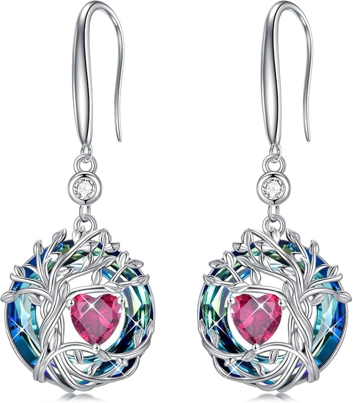 JKR Tree of Life Birthstone Earrings for Women 925 Sterling Silver Family Tree Dangle Earrings Austrian Crystal Jewelry Birthday Gifts for Her Girlfriend Wife Mom