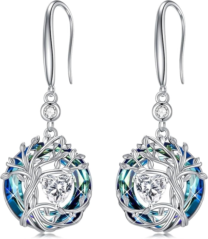 JKR Tree of Life Birthstone Earrings for Women 925 Sterling Silver Family Tree Dangle Earrings Austrian Crystal Jewelry Birthday Gifts for Her Girlfriend Wife Mom