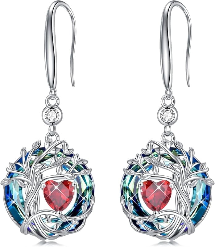 JKR Tree of Life Birthstone Earrings for Women 925 Sterling Silver Family Tree Dangle Earrings Austrian Crystal Jewelry Birthday Gifts for Her Girlfriend Wife Mom