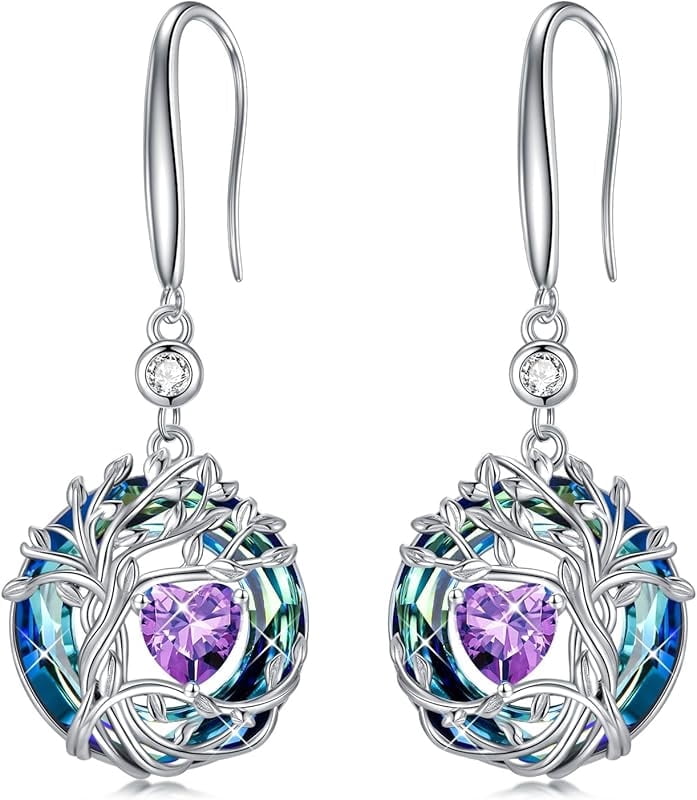 JKR Tree of Life Birthstone Earrings for Women 925 Sterling Silver Family Tree Dangle Earrings Austrian Crystal Jewelry Birthday Gifts for Her Girlfriend Wife Mom