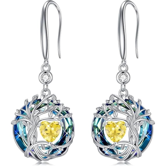 JKR Tree of Life Birthstone Earrings for Women 925 Sterling Silver Family Tree Dangle Earrings Austrian Crystal Jewelry Birthday Gifts for Her Girlfriend Wife Mom