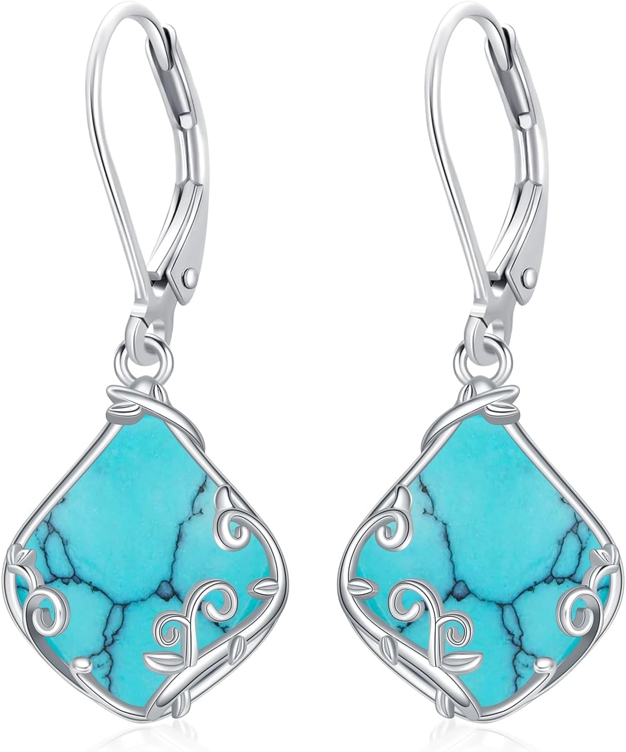 JKR Turquoise Filigree Teardrop Earrings 925 Sterling Silver Gemstone Leverback Earrings Jewelry Birthday Valentines Mothers Day Gifts for Women