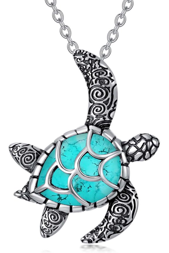 Turtle Gifts for Women Mother's Day gifts 925 Sterling Silver Sea Turtles Dolphin Seashell Pendant Necklace Larimar Turquoise Opal Beach Ocean Jewelry Gift for Women