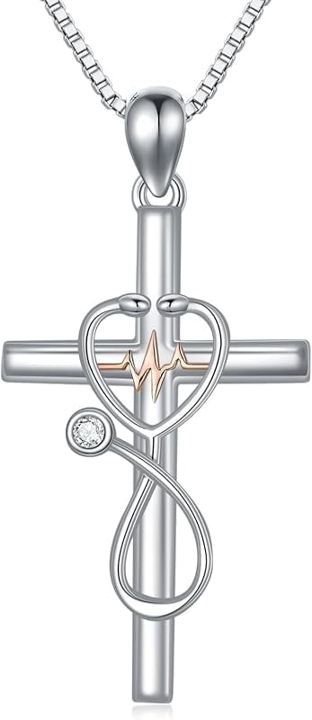 JKR White Diamond Gifts for Nurse 925 Sterling Silver Stethoscope Cross Necklace for Women Nurse Birthstone Jewelry Nursing Themed Medicine Nurses Day Gifts Doctor Medical Student RN