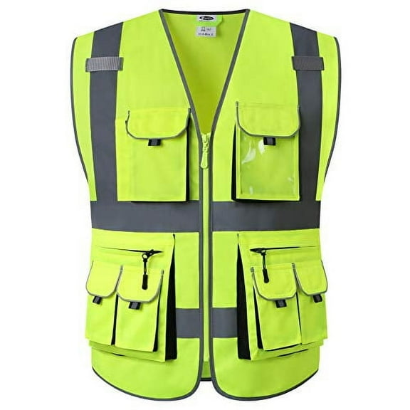 JKSafety 10 Pockets Class 2 High Visibility Zipper Front Yellow Safety Vest Yellow with High Reflective Strips Meets ANSI/ISEA Standards (88-Yellow, Large)