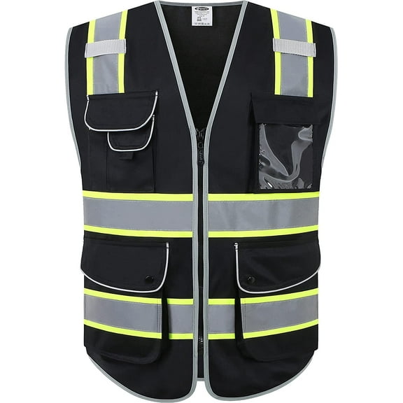 JKSafety 9 Pockets Hi-Vis Black Color Zipper Front Safety Vest Fluorescent Yellow Strips outlining the Reflective Tapes ANSI/ISEA Class 1 (901-Black, Medium) Medium Black Yellow Strips