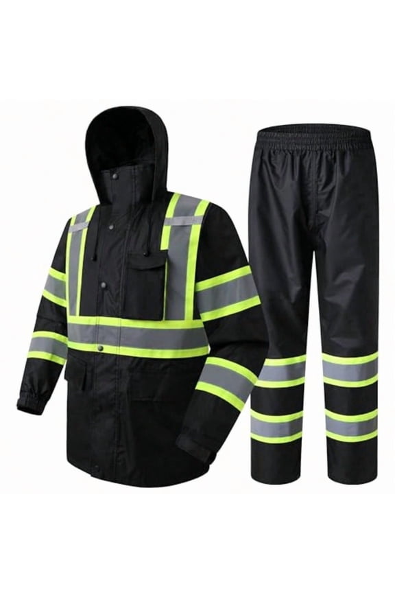 JKSafety Hi-Vis Reflective Safety Rain Jacket and Pants for Men Women Waterproof Rain Gears for Farming Fishing Work HV Rain Suit with Inner Mesh Lining and Pockets 117-Black XL