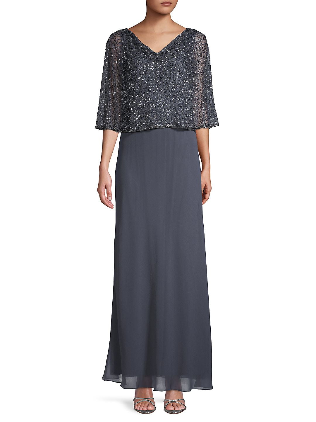 JKARA Womens Navy Short Sleeve V Neck Maxi Sheath Evening Dress