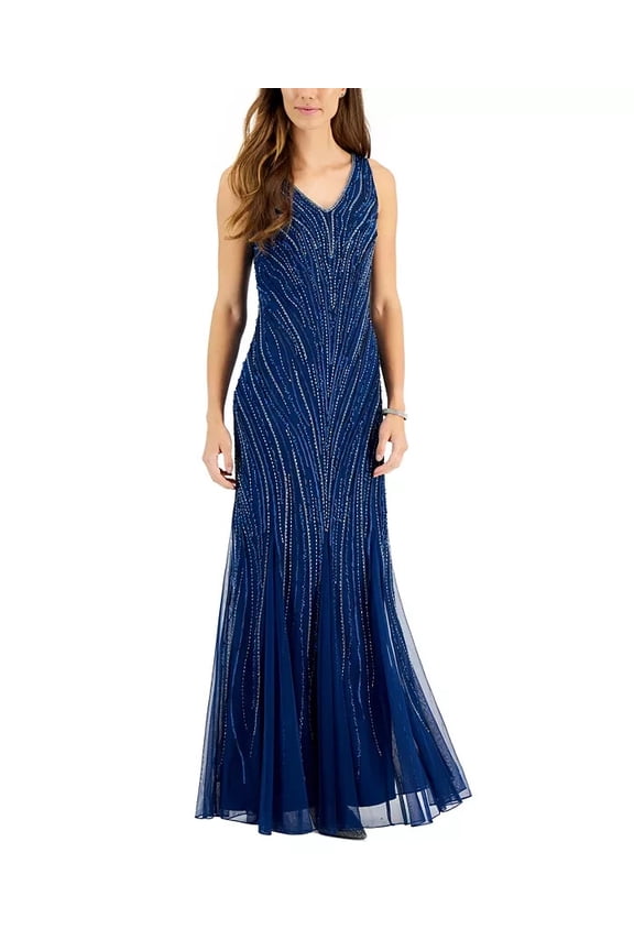 JKara Women's V-Neck Embellished Illusion-Godet Gown size 16