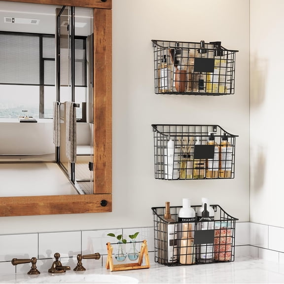 JKsmart 3 Pack XXL Stackable Wire Baskets with Handles for Pantry Storage and Organization, Fruit and Vegetable Basket with Name Plates, Metal Storage Bins for Snack Can Fruit Veggies