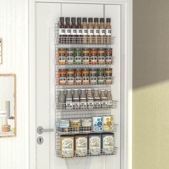 X-COSRACK 6-Tier Spice Rack Organizer for Pantry Door & Wall Mount, Heavy-Duty Hanging Storage Shelf for Kitchen & Bathroom, Large Capacity, Silver