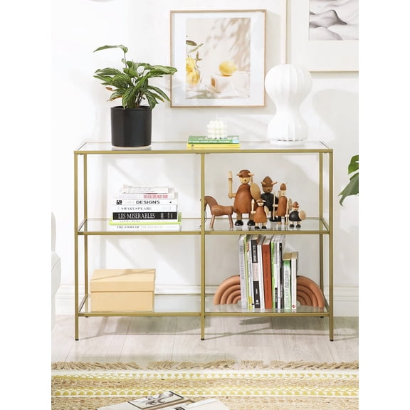 JL 39.4 Inch Console Sofa Table With 3 Shelves, Metal Frame, Tempered Glass Shelf, Modern Style, For Entryway Living Room Bedroom