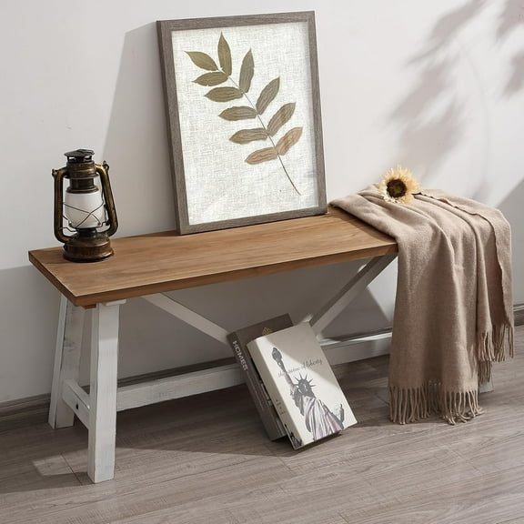 JL 43" Farmhouse Wood Bench, Narrow Bench, Long Bench Seat for Entryway, Living Room, Dining Room, Solid Wood, White