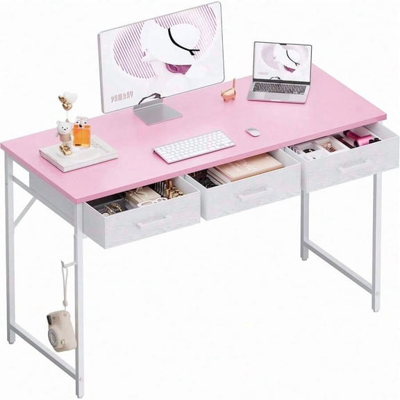 JL 47 Inch Small Computer Desk With 3 Drawers For Bedroom Study Writing Home Office Table For Small Spaces Pink