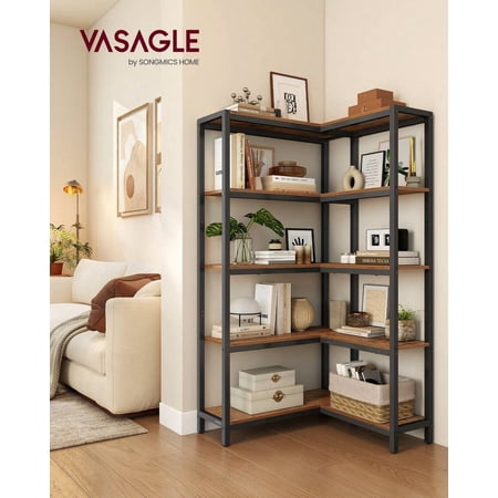 JL 5 Tier Bookshelf With Metal Frame, Convertible Industrial Corner Shelf,Storage Shelf, For Living Room, Home Office, Dining Room