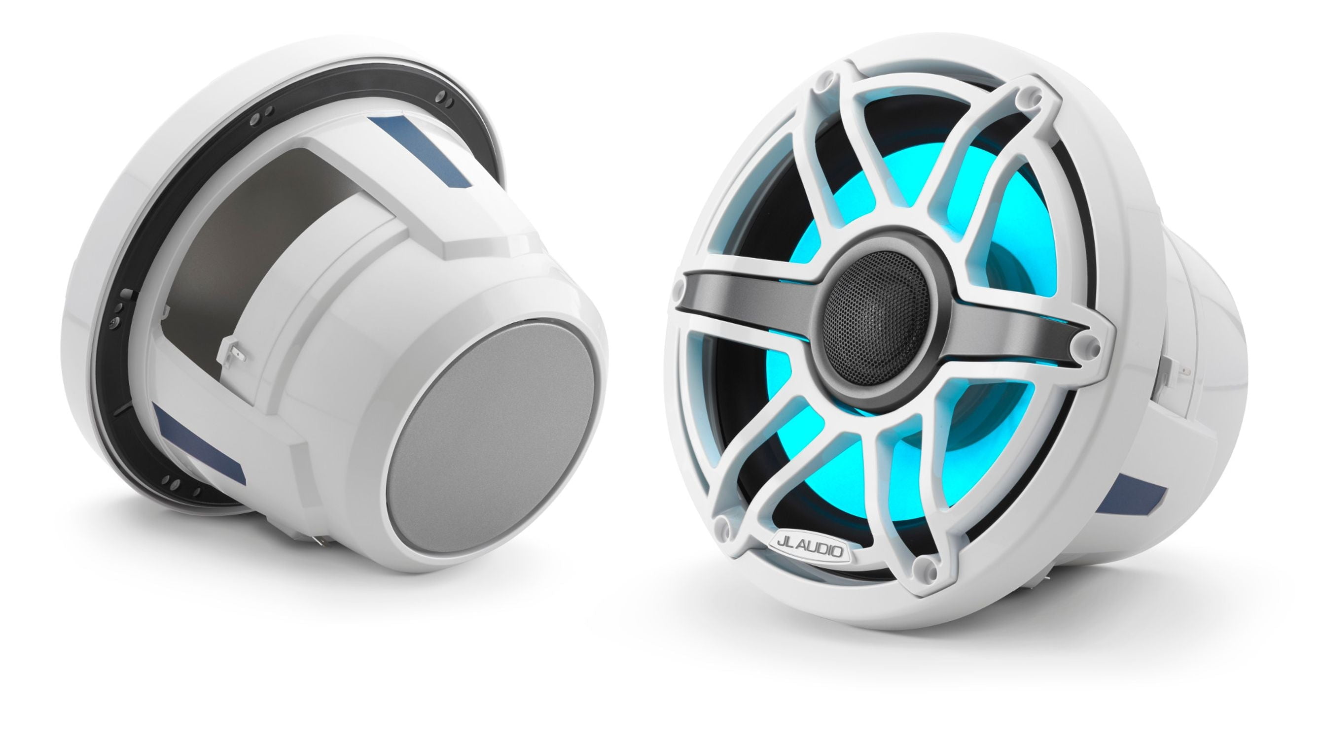 JL Audio M6-880X-S-GwGw-i 8.8-inch (224 mm) Marine Coaxial Speakers with Transflective™ LED Lighting, Gloss White Trim Ring, Gloss White Sport Grille