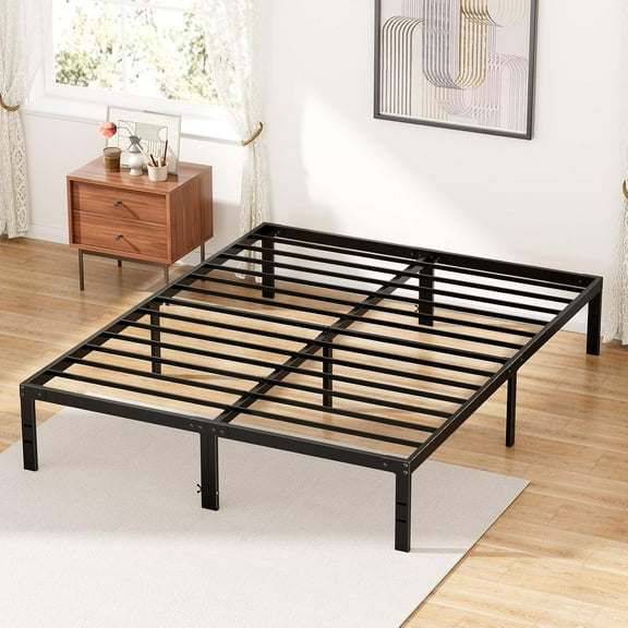 JL Bed Frame - Queen Size Metal Platform Bed Frames Mattress Foundation with Steel Slat Support, No Box Spring Needed, Storage Space Under Base, Easy Assembly, Black
