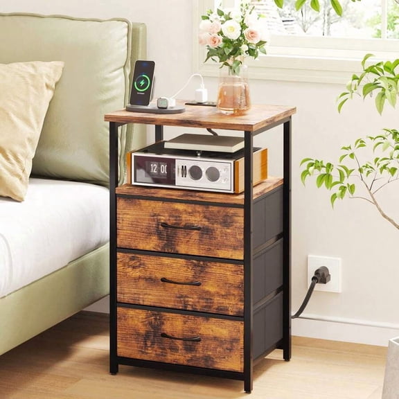 JL Bedside Table With Charging Station, 3 Fabric Drawers Storage End Table, Modern Sofa Side Table For Bedroom Living Room, Bedroom Furniture
