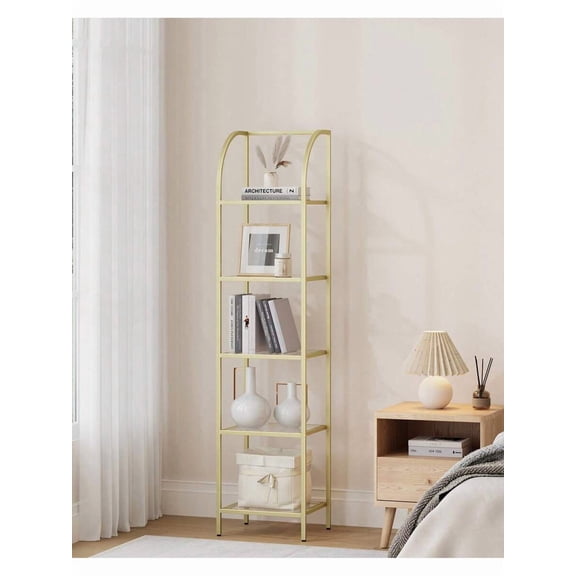 JL Bookcase Bookshelf, Tempered Glass Arched Bookshelf For More Storage, Slim Shelving Unit For Bedroom, Bathroom, Home Office, Steel Frame, Home Decor, 5 Tier/6 Tier Gold