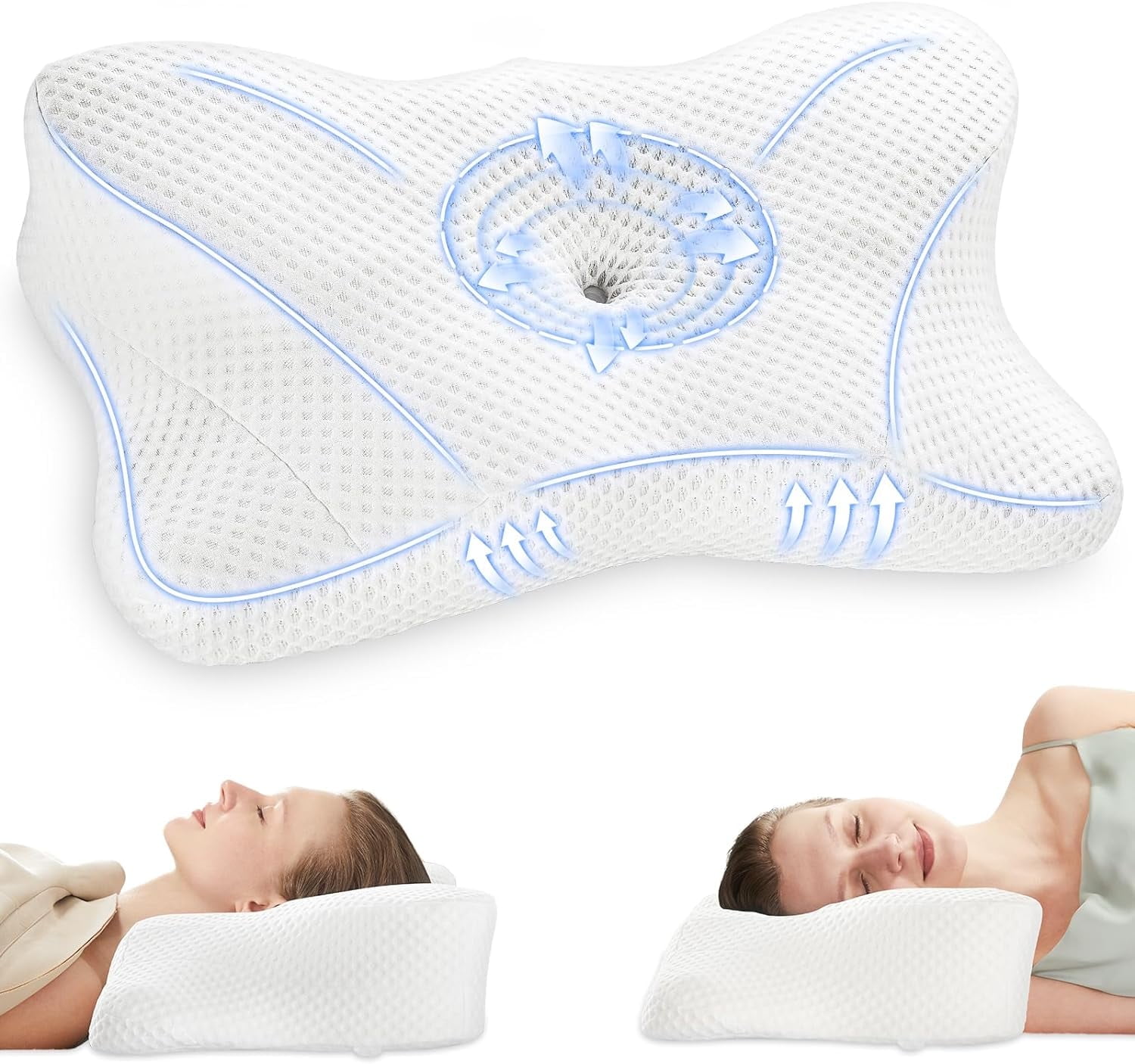 JL Cervical Neck Pillow, Memory Foam Contour Pillow with Arm Rest Slot and Soft Breathable Pillowcase, Ergonomic Dual-Height Orthopedic Support for Side, Back, and Stomach Sleepers, White