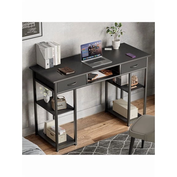 JL Computer Desk Small Home Office Bedroom Writing Study PC Table With Storage Space Fabric Side Bag Headphone Hook Metal Frame Adjustable Feet Modern Simple Style