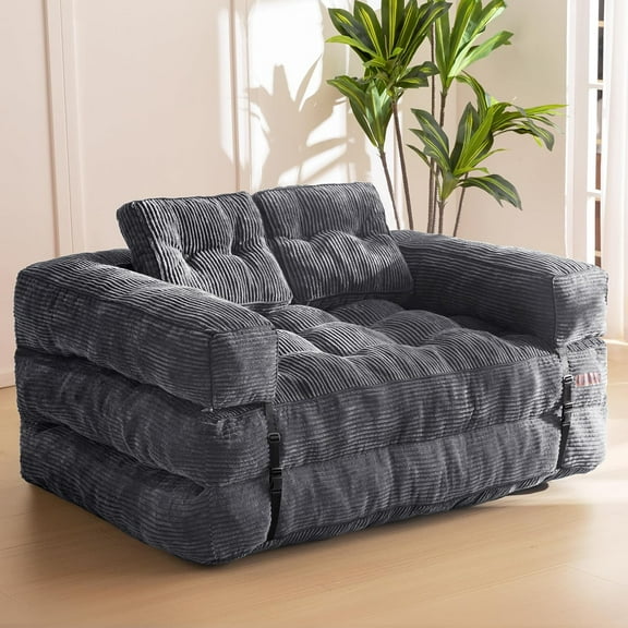 JL Folding Sofa Bed, L-Shaped Convertible Sofa Bed with Armrest Foldable Sleeper Couch with Pillow, Portable Fold Out Chair Comfy Floor Couch Lounge for Living Room Bedroom, Dark Grey, Double