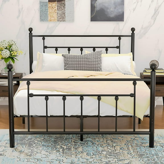 JL Full Size Metal Platform Bed Frame with Headboard and Footboard, Heavy Duty Slat Support/No Box Spring Needed Mattress Foundation/Underbed Storage Space, Victorian Style