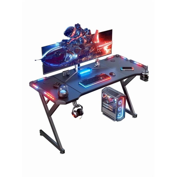 JL Gaming Desk With LED Lights, Ergonomic Computer Gaming Table With Carbon Fibre Surface, Sturdy PC Workstation Desk For Gaming And Home Office With Headphone Hook, Cup Holder, Black
