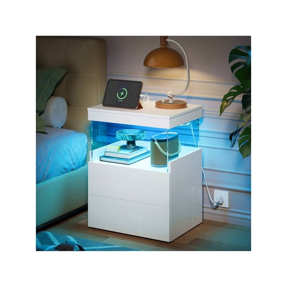 JL LED Nightstand With Charging Station, Night Stand With LED Lights, Modern Acrylic Floating Sofa Bed Side Table With Storage Drawers And Power Outlet For Bedroom