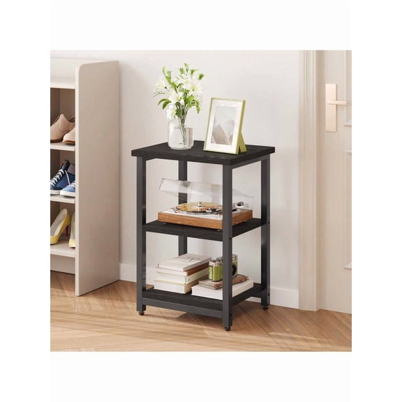JL Modern 3-Tier Rectangular Side Table With Black Wood Grain Finish - Living Room End Table For Bedroom, Black / Rustic Brown