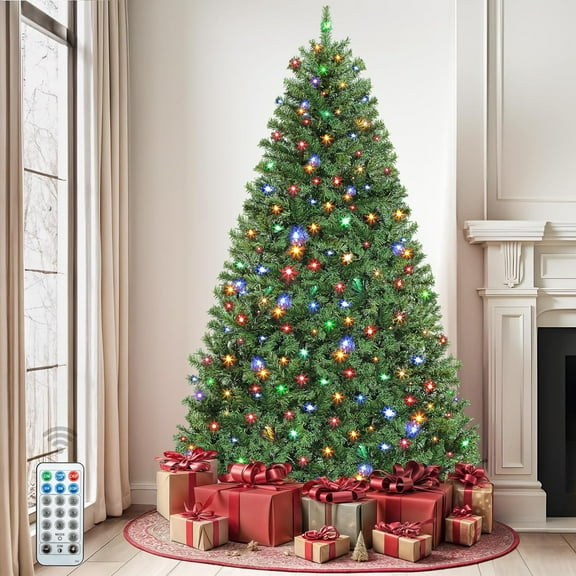 JL Prelit Christmas Tree 7.5ft, Atificial Christmas Tree with 550 LED Lights Includes Metal Stand, Xmax Trees Green Full Trees with 1450 Branches Tips, Metal Hinges Remote Control for Home Party