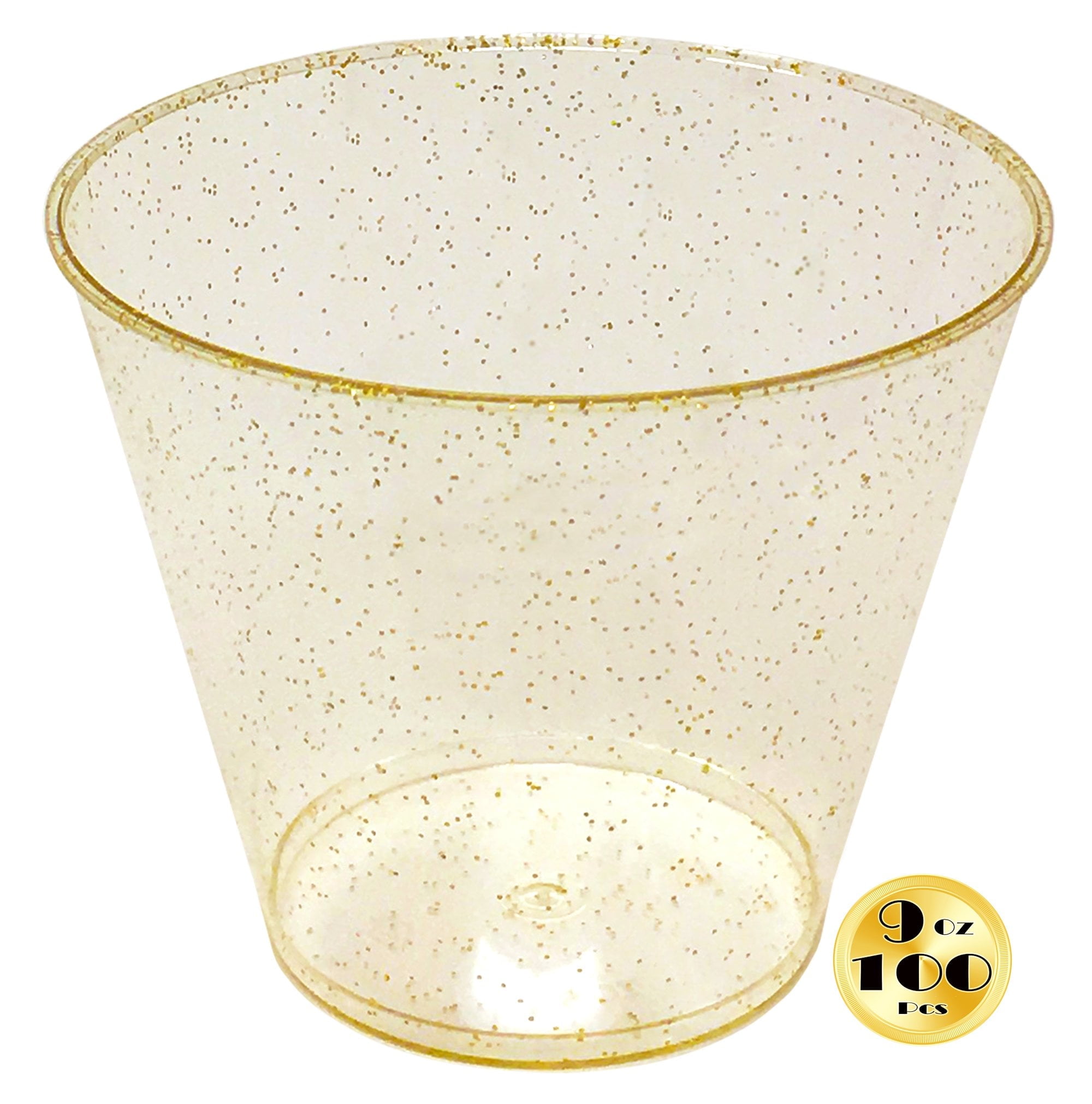 JL Prime 100 Gold Glitter Plastic Cups, 9 Oz Heavy Duty Reusable Disposable Gold Glitter Clear Plastic Cups, Old Fashioned Tumblers, Hard Plastic Drinking Cups for Party and Wedding