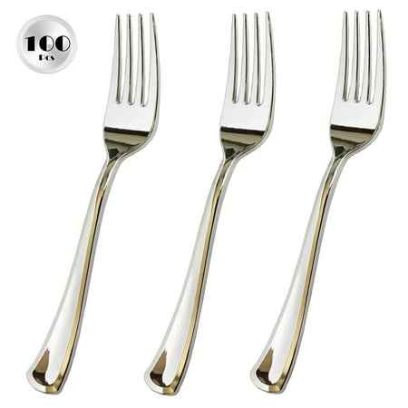 JL Prime 100 Piece Silver Plastic Forks Set, Re-Usable Recyclable Plastic Forks, Silver Plastic Forks, Great for Wedding, Anniversary, Rehearsal Shower Events