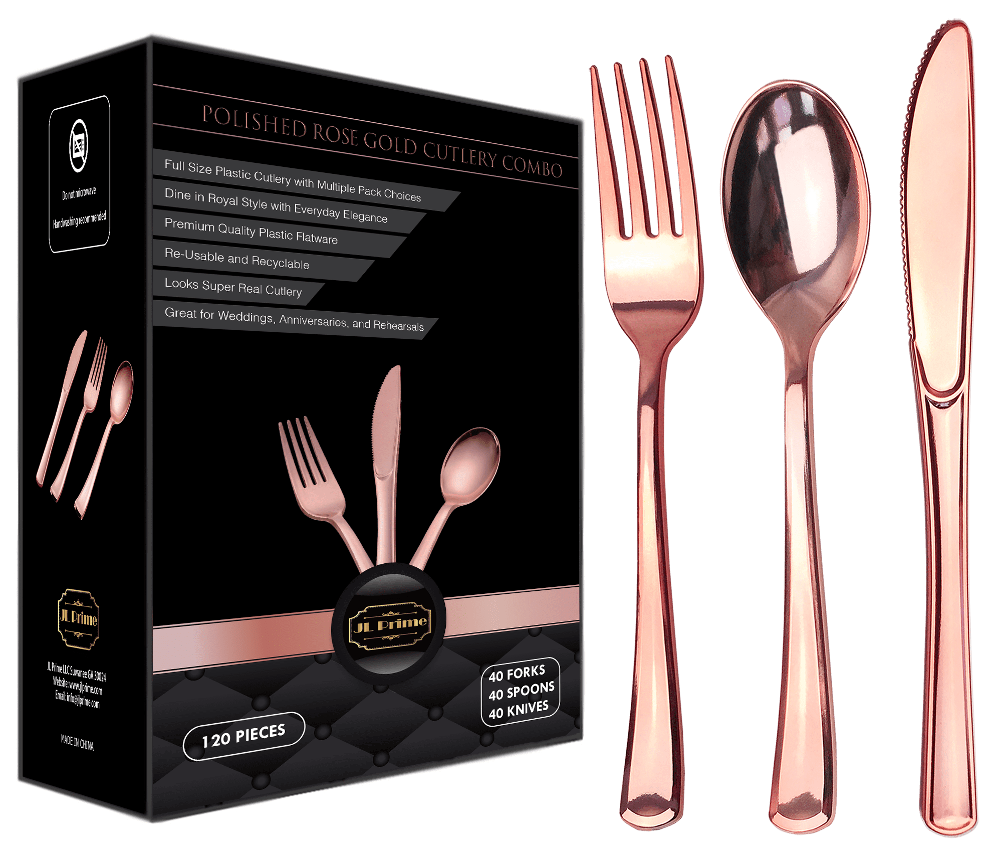 JL Prime 120 Piece Rose Gold Plastic Silverware Set, Re-Usable Cutlery ...