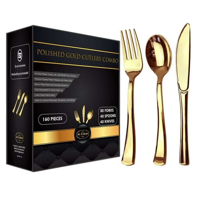 JL Prime Premium 160pc Gold Plastic Party Flatware Set, Disposable