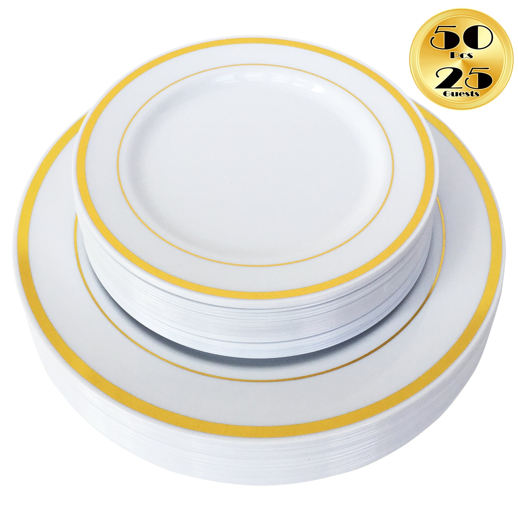 JL Prime 50 Piece Gold Plastic Plates Set, Reusable Recyclable Plastic