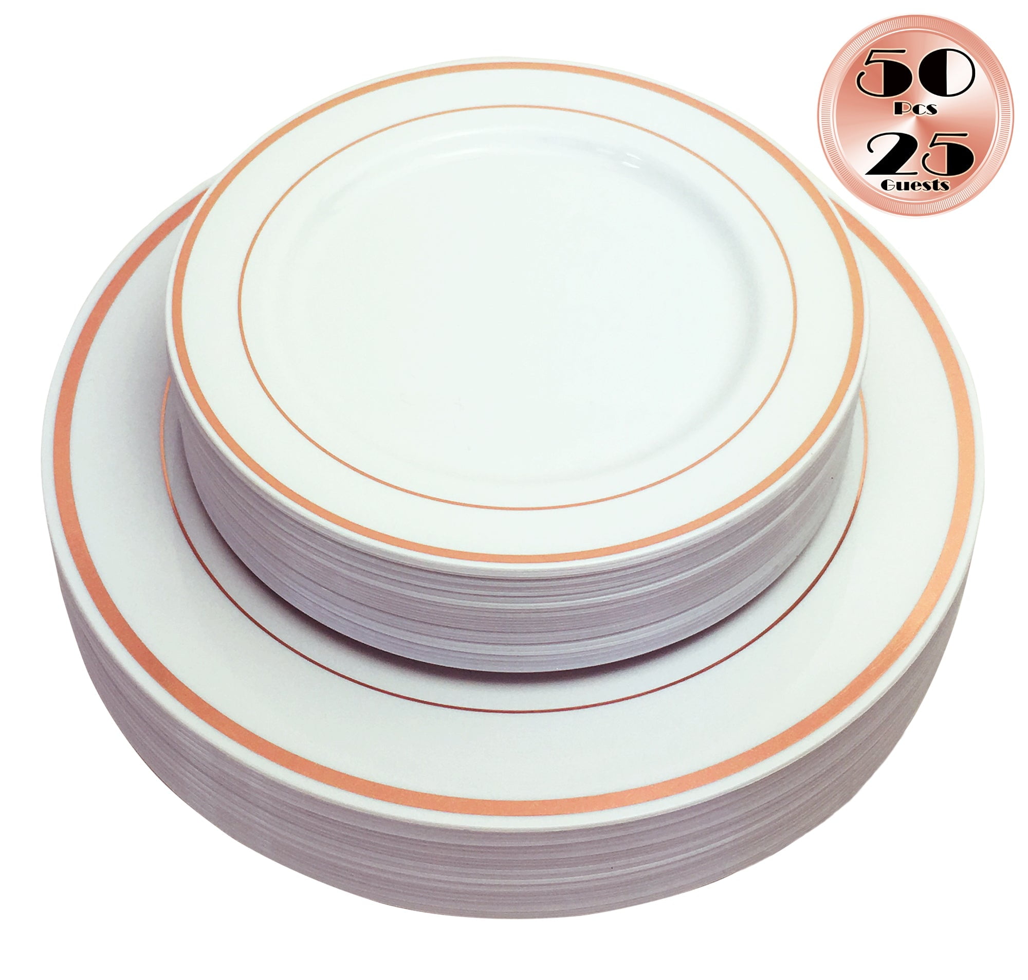 JL Prime 50 Piece Rose Gold Plastic Plates for 25 Guests, Heavy Duty Reusable Disposable Plastic Plates with Rose Gold Rim for Party and Wedding with 25 Dinner Plates, 25 Salad Plates