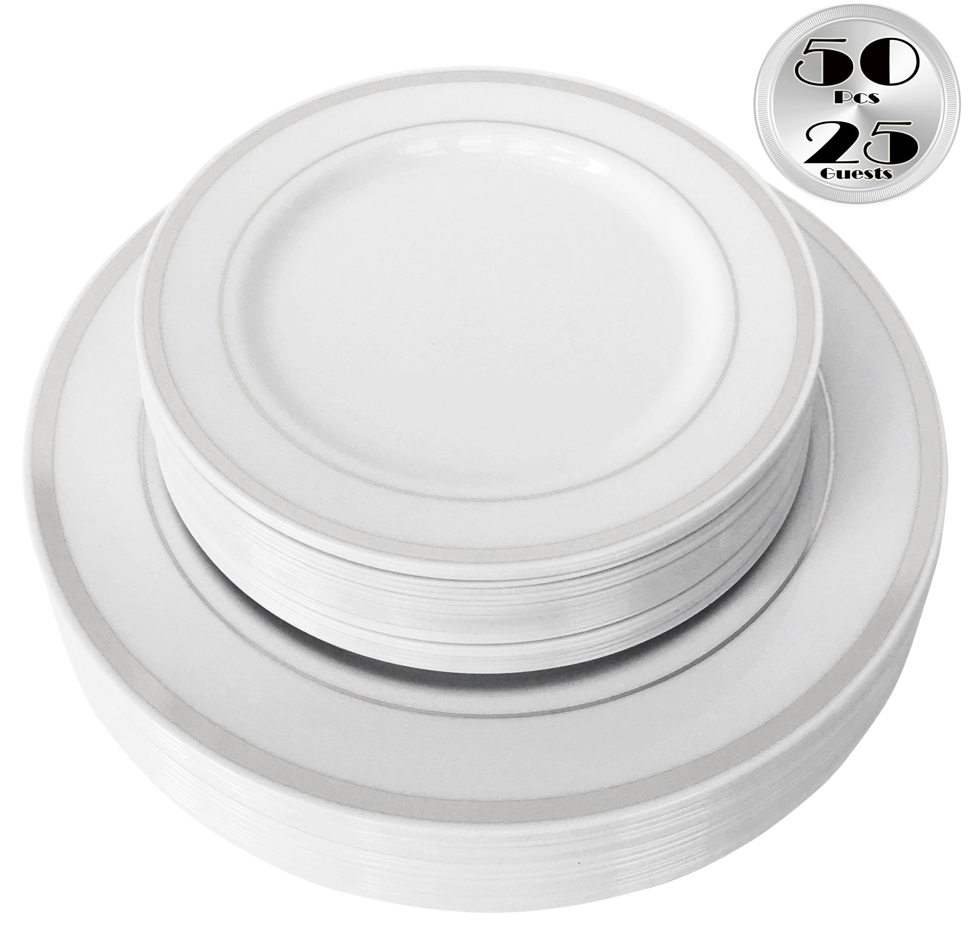 JL Prime 50 Piece Silver Plastic Plates Set, Re-usable Recyclable Plastic Plates with Silver Rim, 25 Dinner Plates, 25 Salad Plates, Great for Wedding, Anniversary, Rehearsal, Shower Events