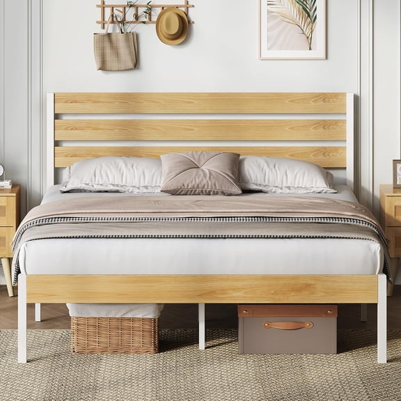 JL Queen Bed Frame with Headboard, Metal Platform Bed Frame with Under Bed Storage, 1500LBS Mattress Foundation, No Box Spring Needed, Easy Assembly, Natural Oak