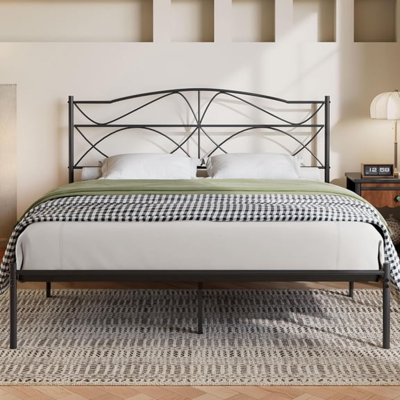 JL Queen Size Bed Frame, Metal Bed Platform with Headboard, Sturdy Steel Slats Support, No Box Spring Needed/Noise-Free,Easy Assembly, Dark Black