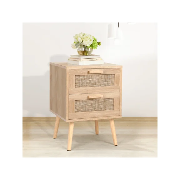 JL Rattan Nightstand, End Table With 2 Drawers And Solid Wood Legs, Side Table With Storage For Bedroom, Easy Assembly Night Stand For Kids Room